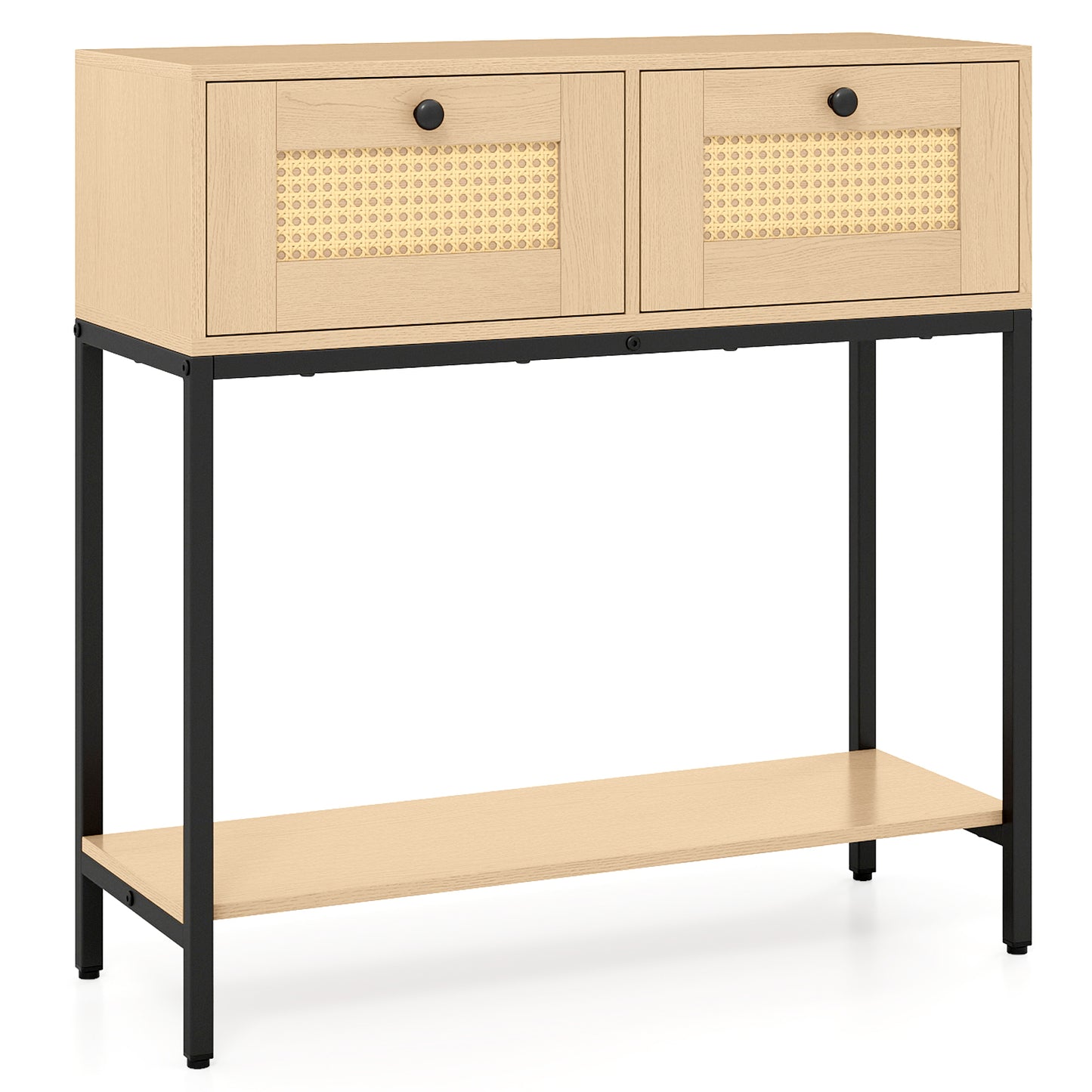 Rattan Console Table Boho Entryway Table with 2 Rattan Drawers and Open Storage Shelf-Oak