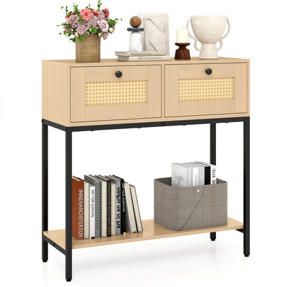 Rattan Console Table Boho Entryway Table with 2 Rattan Drawers and Open Storage Shelf-Oak