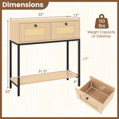 Rattan Console Table Boho Entryway Table with 2 Rattan Drawers and Open Storage Shelf-Oak