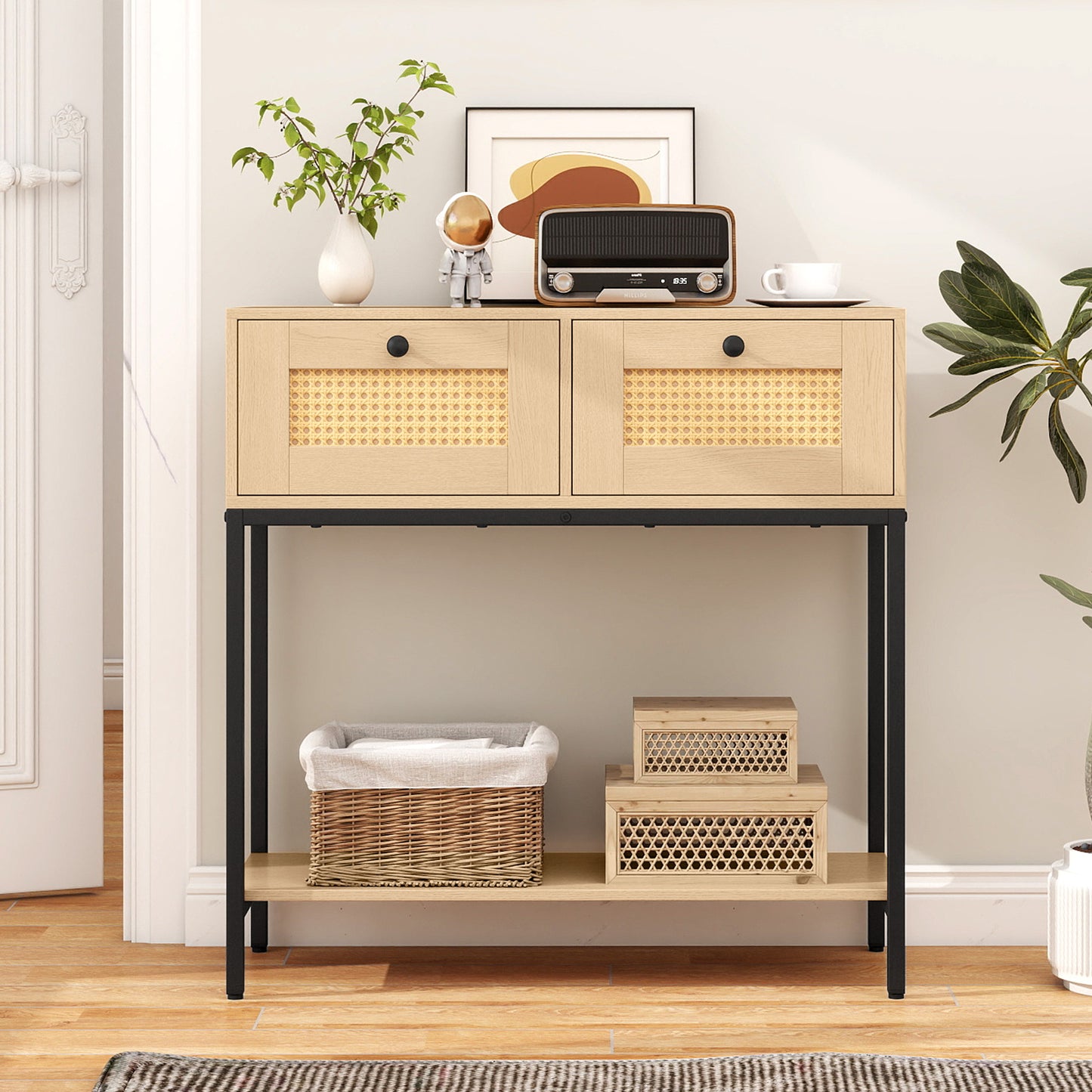 Rattan Console Table Boho Entryway Table with 2 Rattan Drawers and Open Storage Shelf-Oak