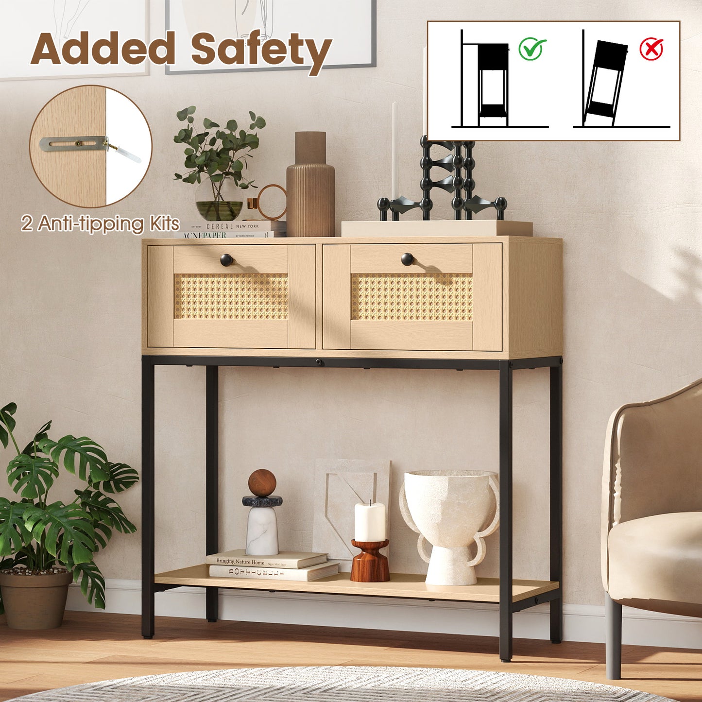 Rattan Console Table Boho Entryway Table with 2 Rattan Drawers and Open Storage Shelf-Oak