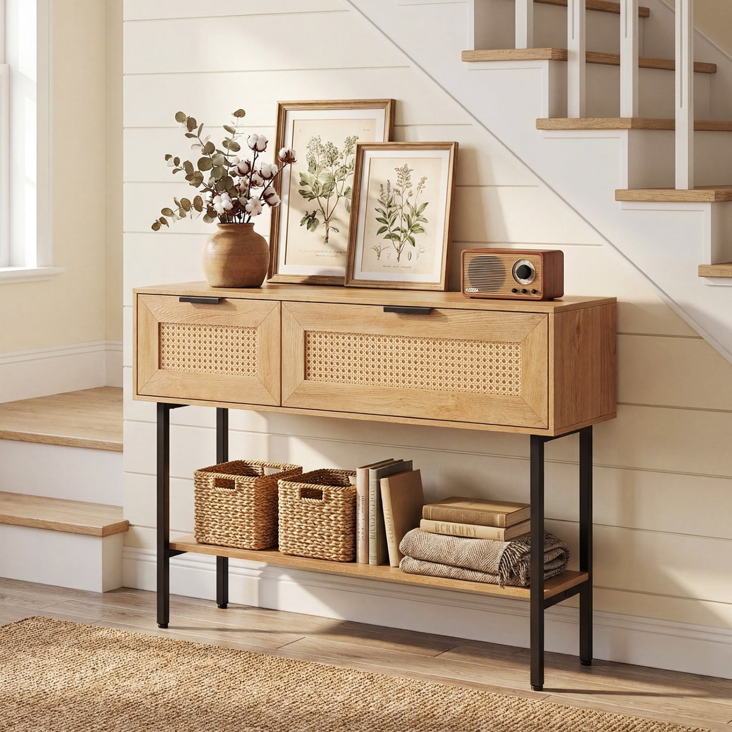 Rattan Console Table with 2 Storage Cabinets Shelf Carbon Steel Frame