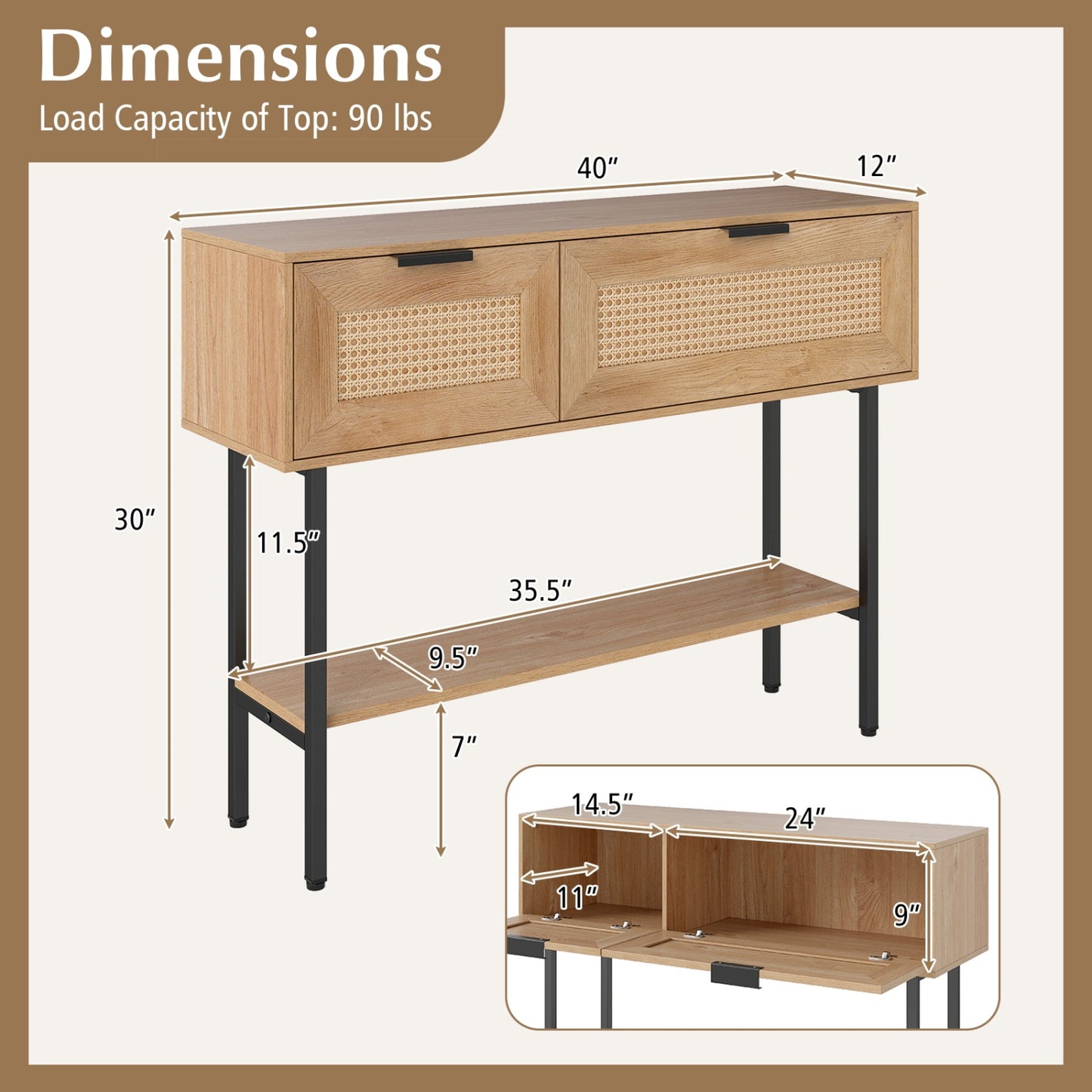 Rattan Console Table with 2 Storage Cabinets Shelf Carbon Steel Frame