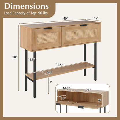 Rattan Console Table with 2 Storage Cabinets Shelf Carbon Steel Frame
