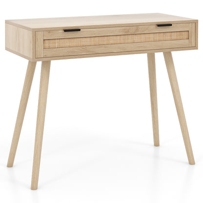 Rattan Console Table with Pull-out Drawer Boho Style Entryway Table-Natural