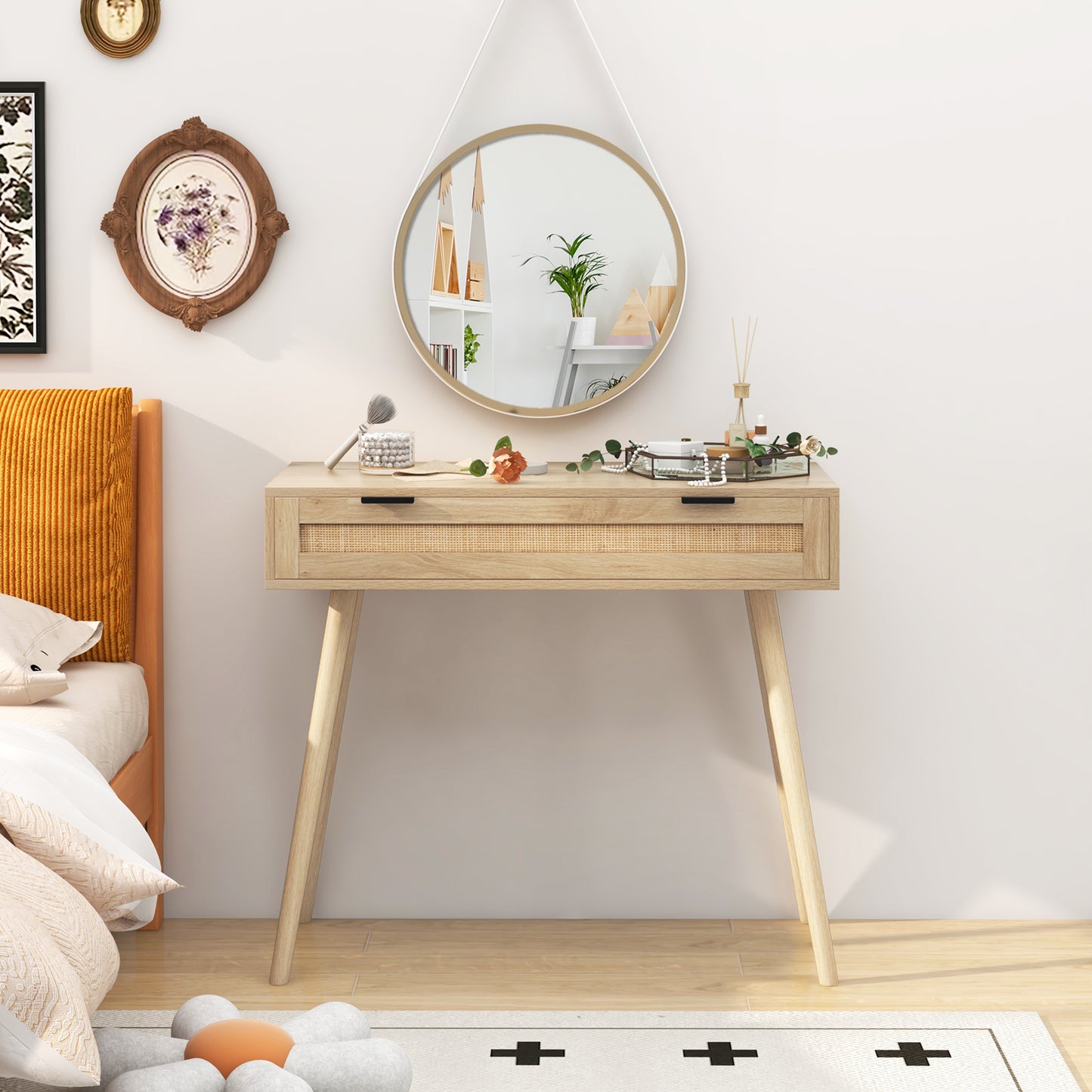 Rattan Console Table with Pull-out Drawer Boho Style Entryway Table-Natural
