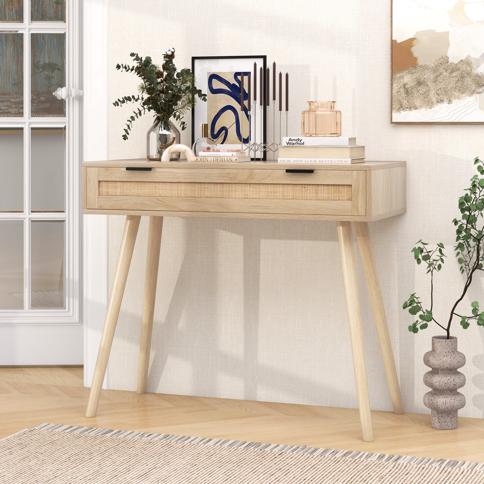 Rattan Console Table with Pull-out Drawer Boho Style Entryway Table-Natural