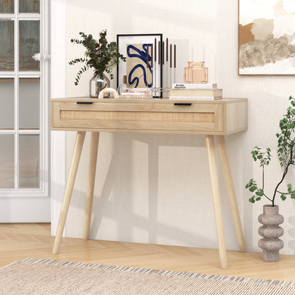 Rattan Console Table with Pull-out Drawer Boho Style Entryway Table-Natural