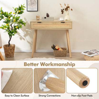 Rattan Console Table with Pull-out Drawer Boho Style Entryway Table-Natural