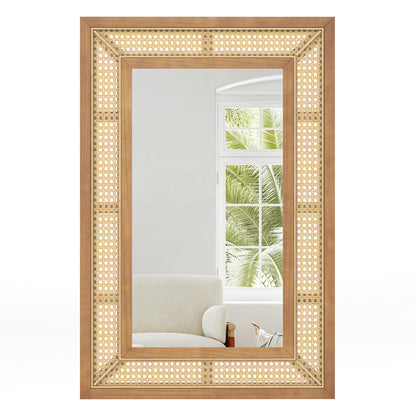 Rattan Decorative Wall Mirror with Wooden Frame for Bathroom and Living Room-Natural