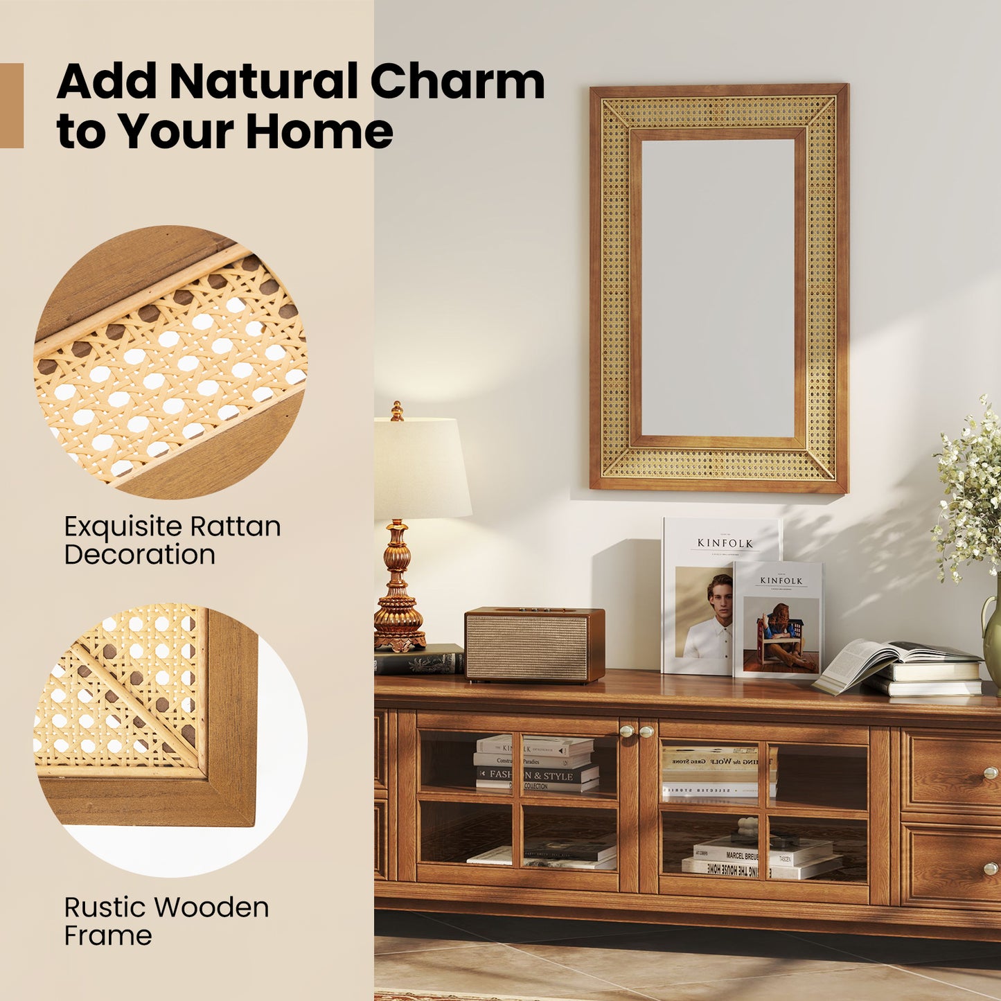 Rattan Decorative Wall Mirror with Wooden Frame for Bathroom and Living Room-Natural
