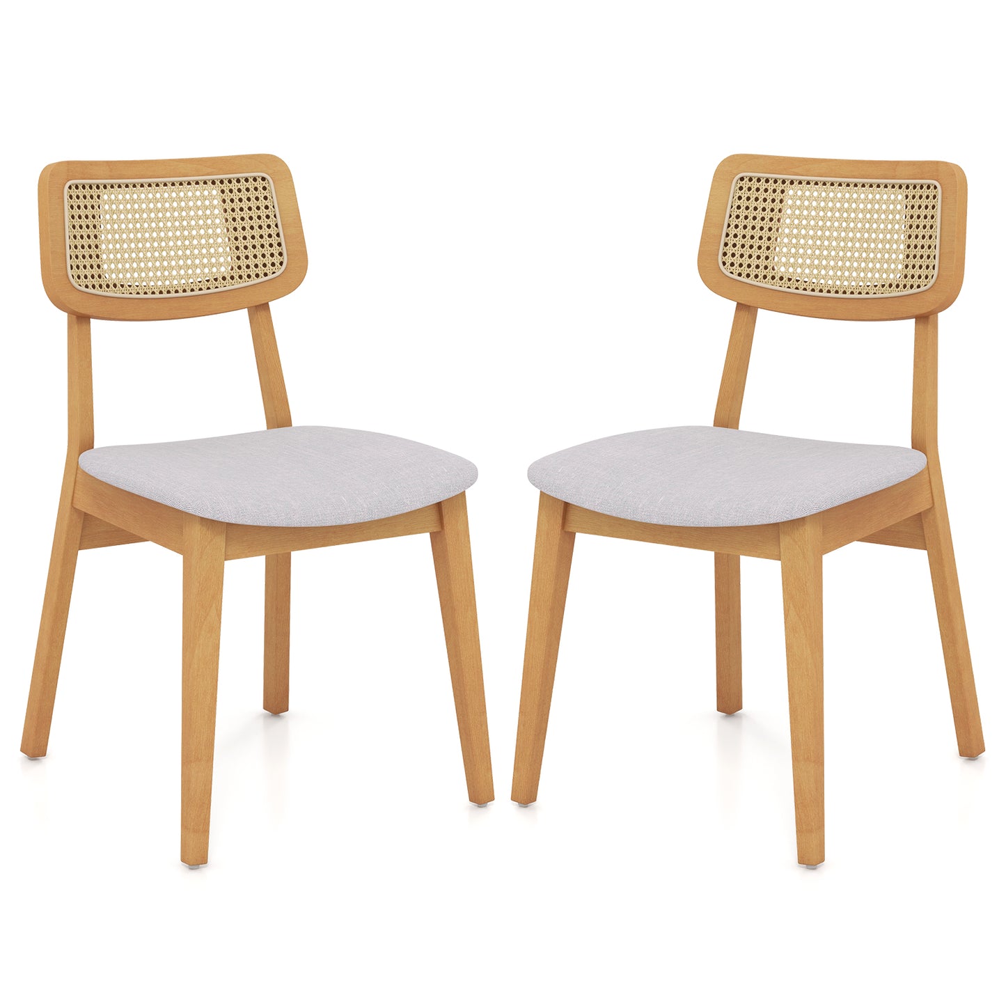 Rattan Dining Chair Set of 2 with Can Back and Rubber Wood Frame-Natural