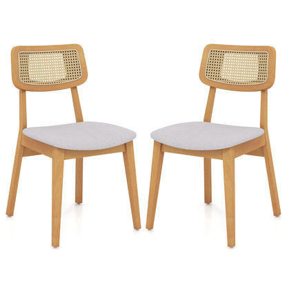 Rattan Dining Chair Set of 2 with Can Back and Rubber Wood Frame-Natural