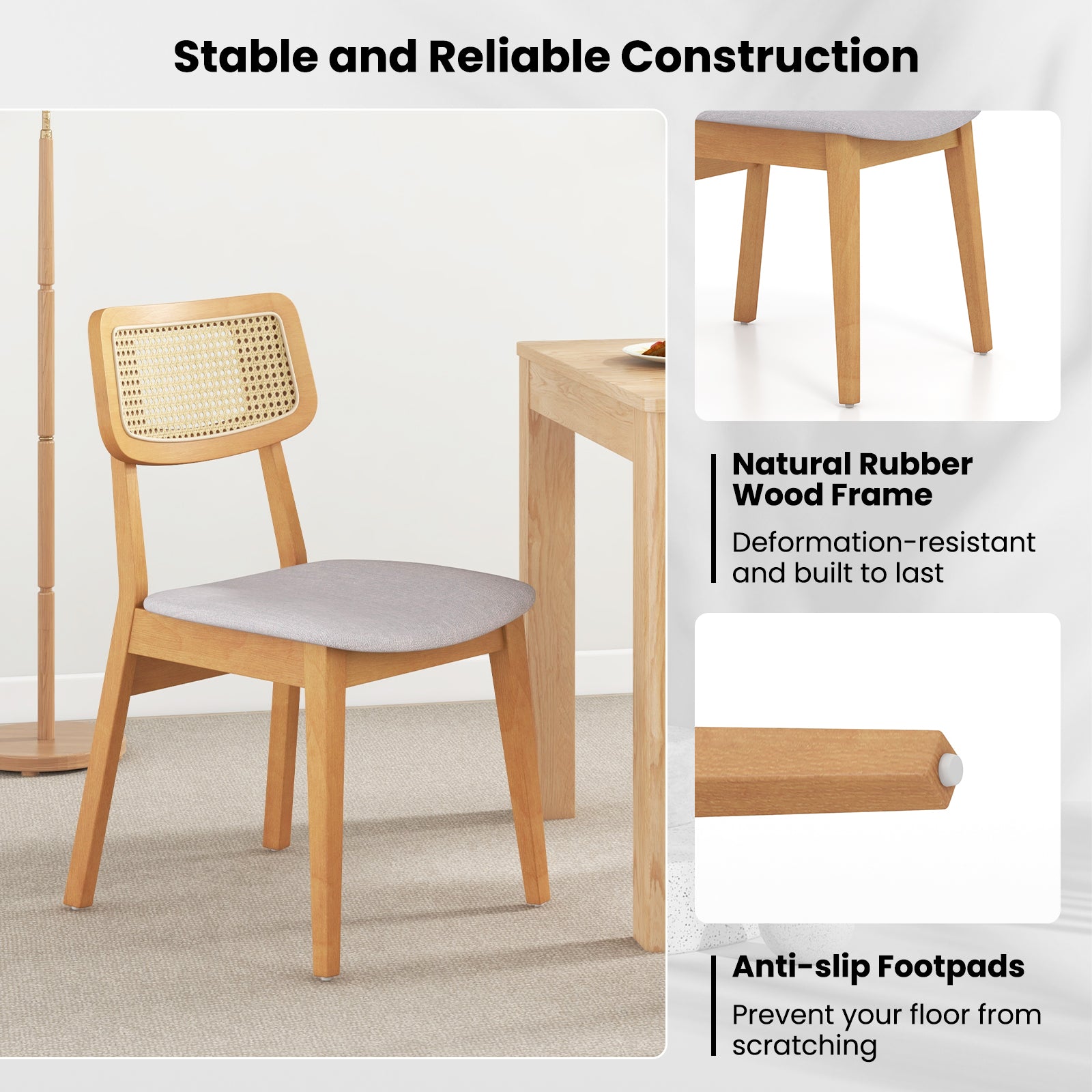 Rattan Dining Chair Set of 2 with Can Back and Rubber Wood Frame-Natural