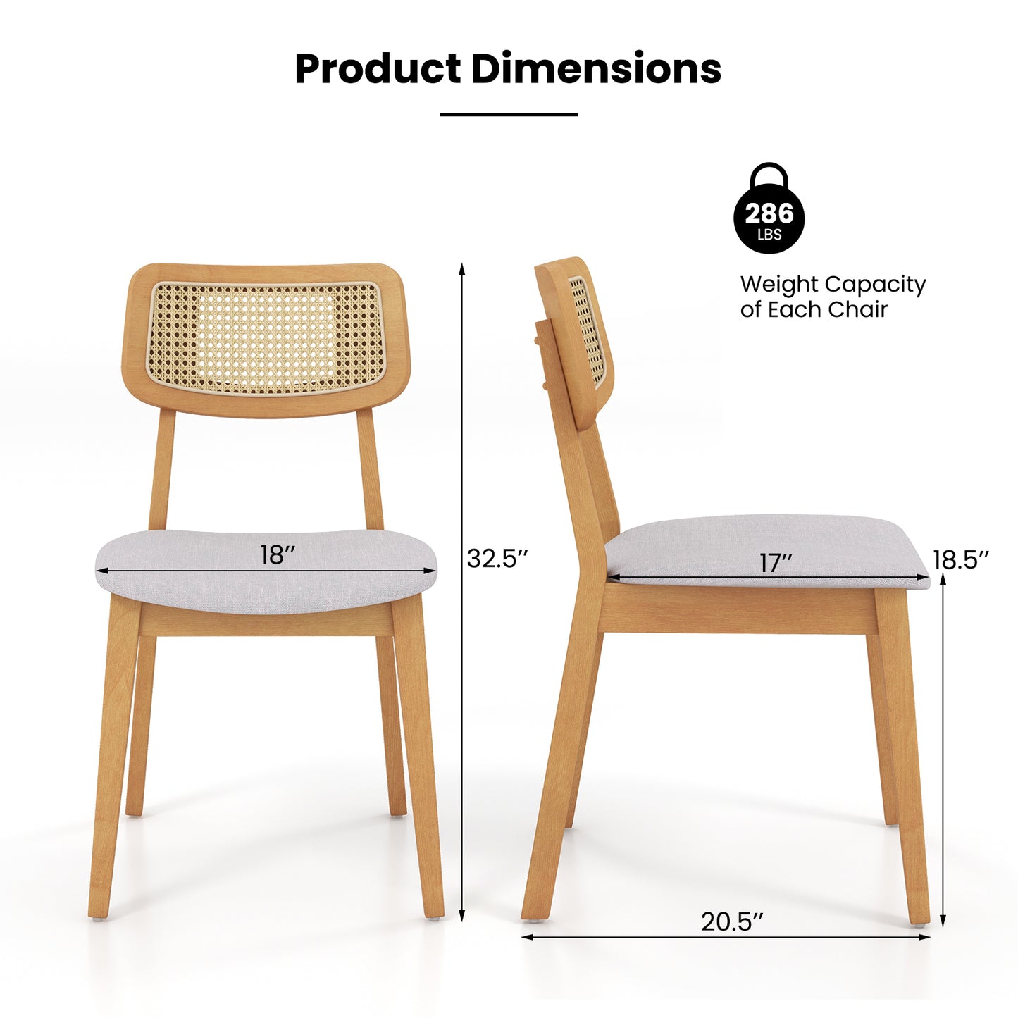 Rattan Dining Chair Set of 2 with Can Back and Rubber Wood Frame-Natural