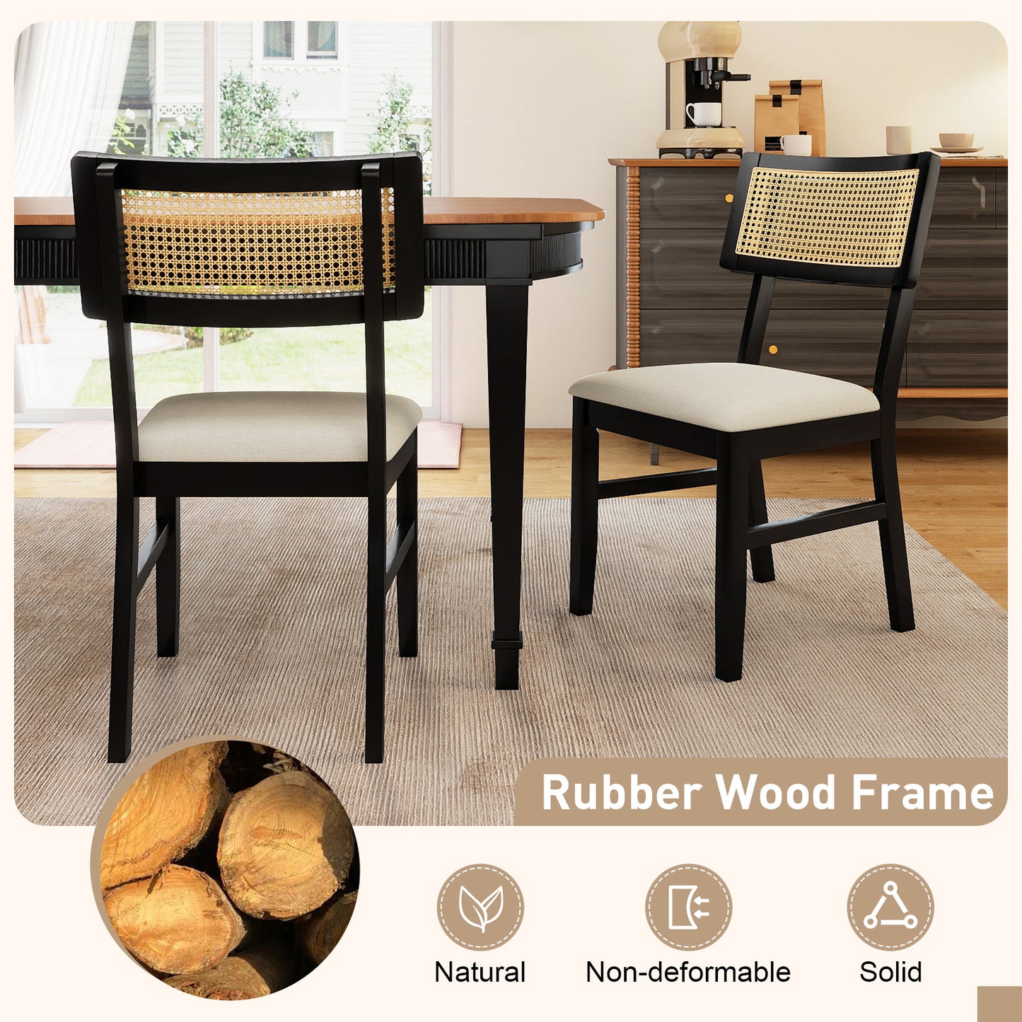 Rattan Dining Chairs Set of 2 Fabric Upholstered Kitchen Chairs with Padded Seat and Rubber Wood Legs-Black