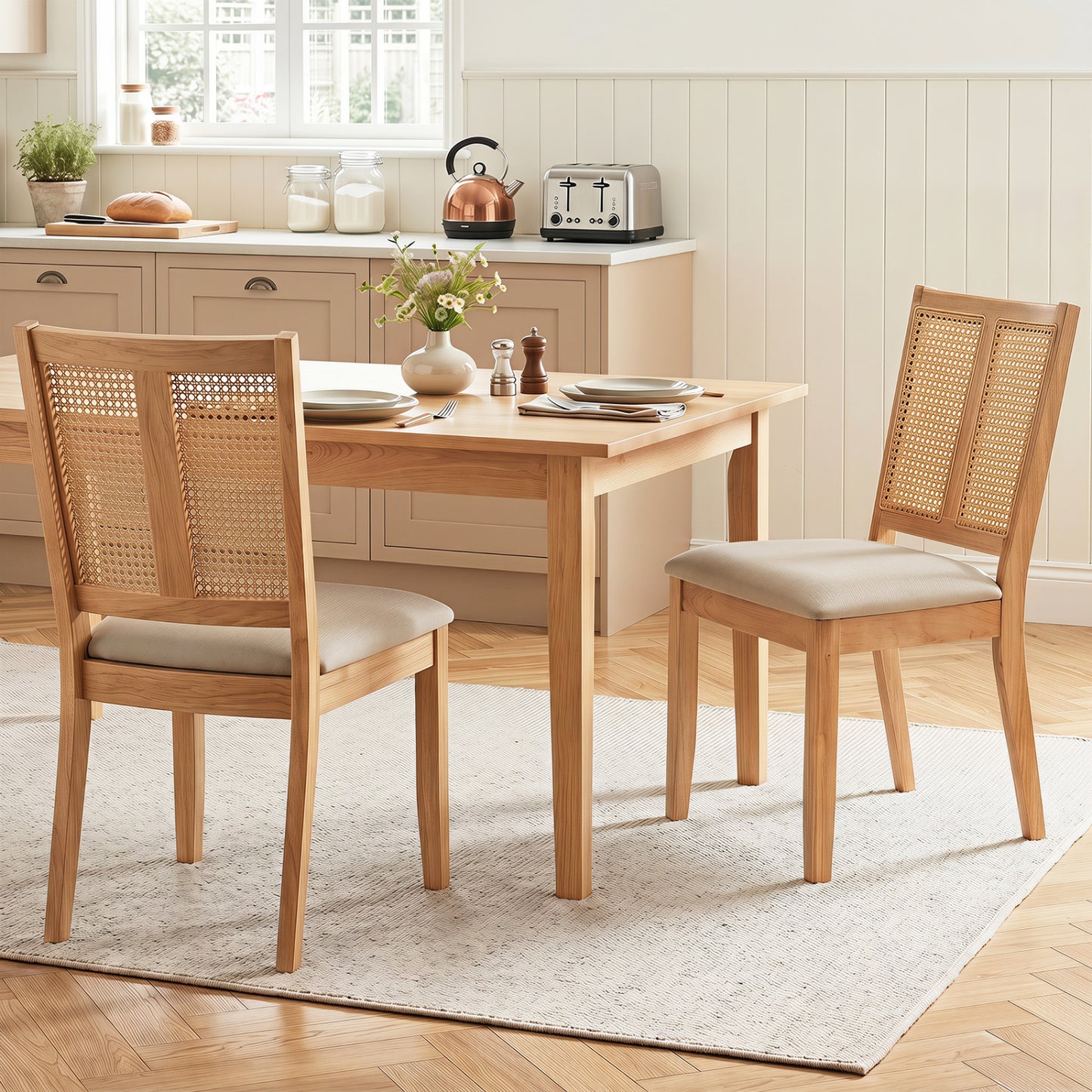 Rattan Dining Chairs Set of 2 with Curved Backrest