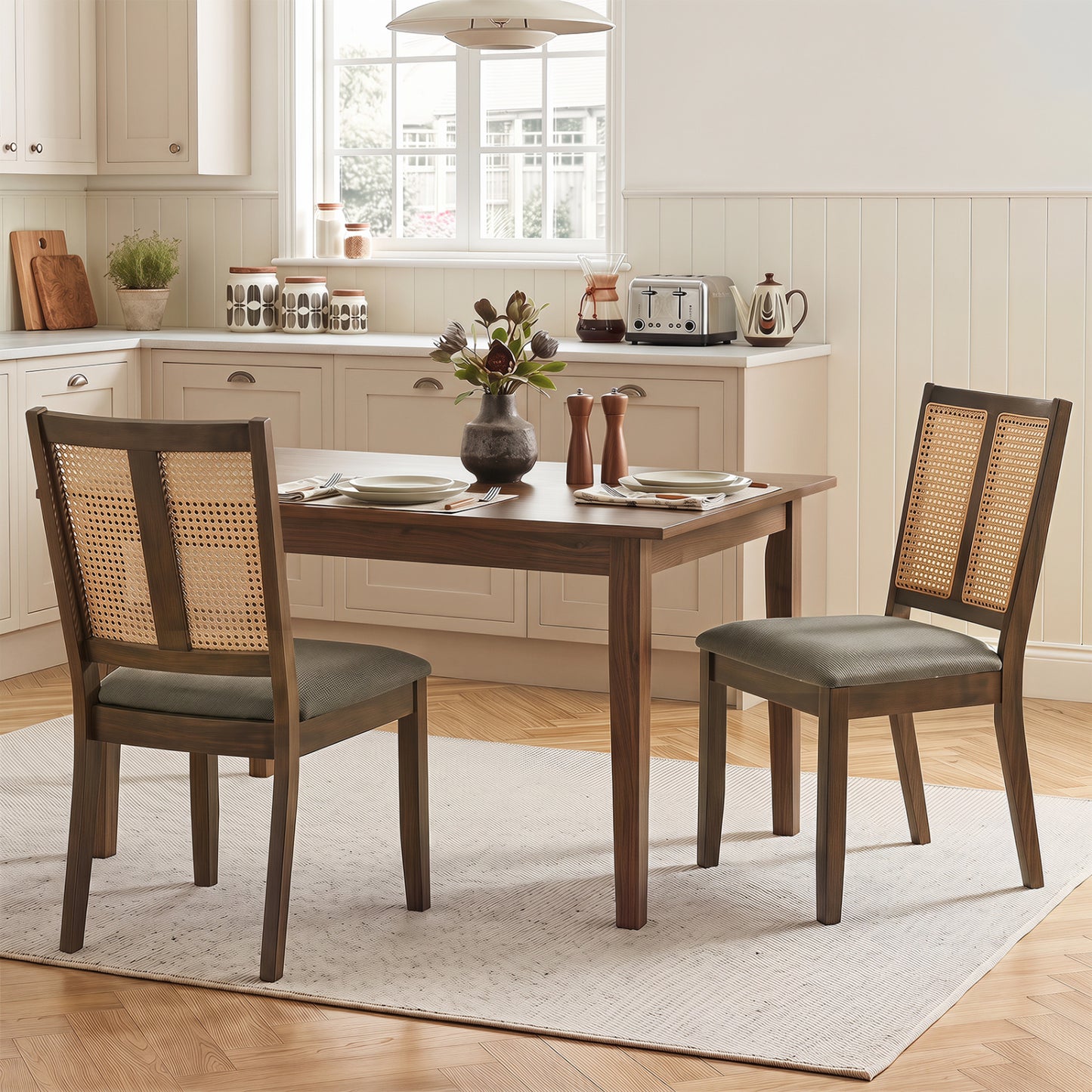 Rattan Dining Chairs Set of 2 with Curved Backrest