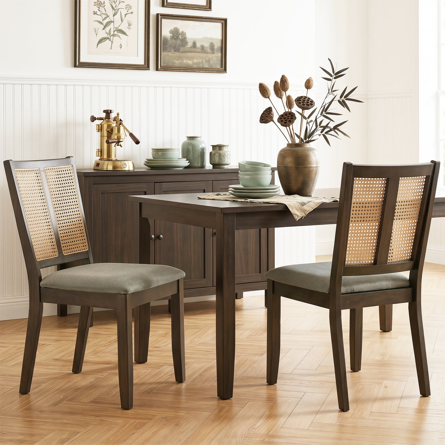 Rattan Dining Chairs Set of 2 with Curved Backrest