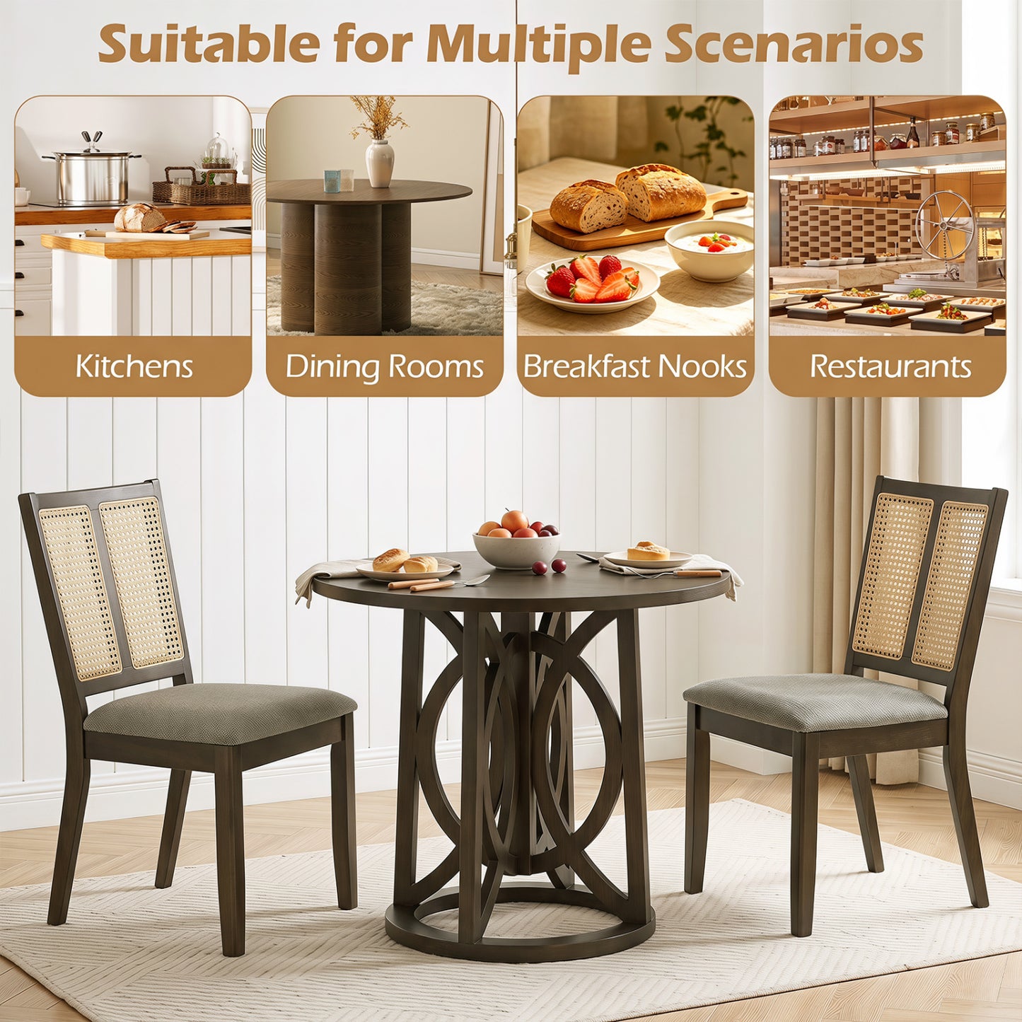 Rattan Dining Chairs Set of 2 with Curved Backrest