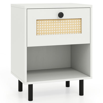 Rattan Nightstand Boho End Table with Rattan Drawer and Open Shelf-White