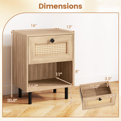 Rattan Nightstand Boho End Table with Rattan Drawer and Open Shelf-Natural