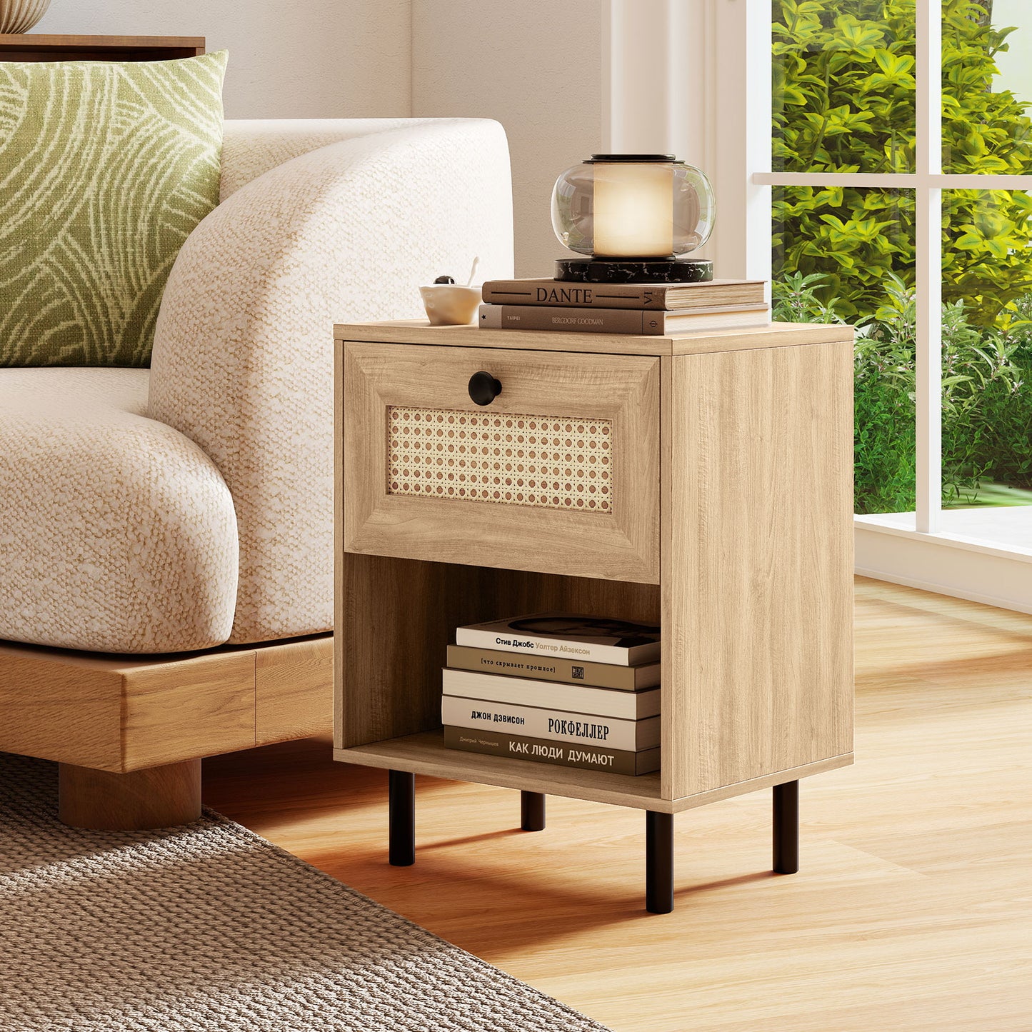 Rattan Nightstand Boho End Table with Rattan Drawer and Open Shelf-Natural