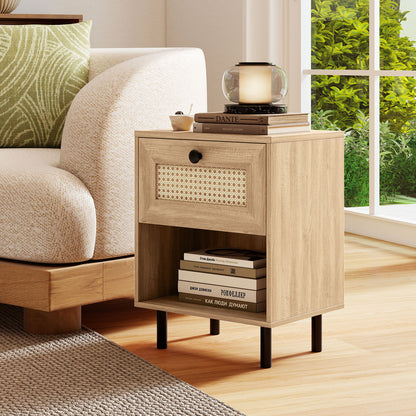 Rattan Nightstand Boho End Table with Rattan Drawer and Open Shelf-Natural