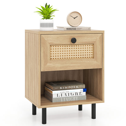 Rattan Nightstand Boho End Table with Rattan Drawer and Open Shelf-Natural