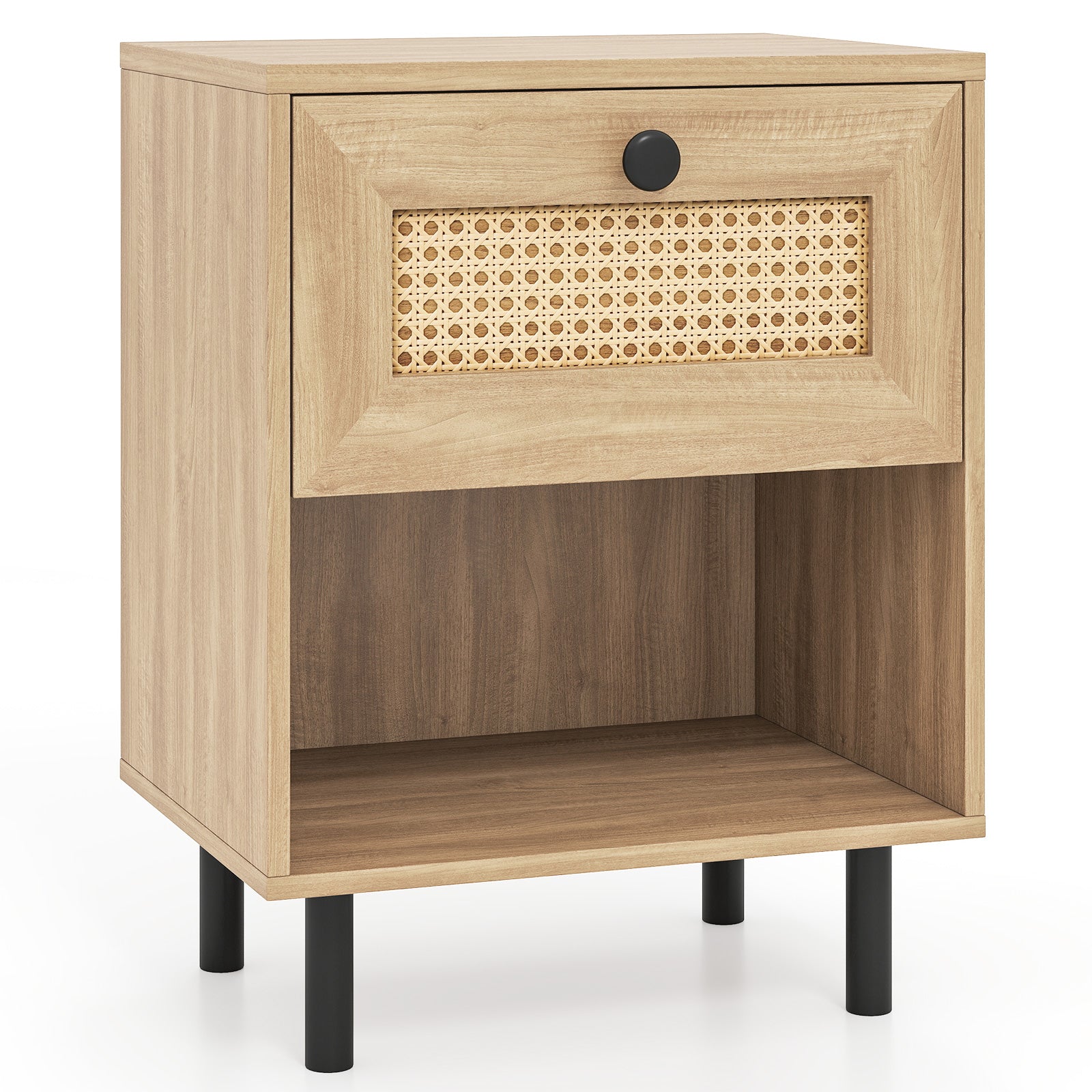 Rattan Nightstand Boho End Table with Rattan Drawer and Open Shelf-Natural