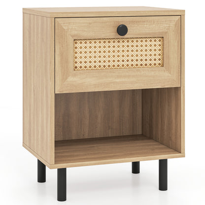 Rattan Nightstand Boho End Table with Rattan Drawer and Open Shelf-Natural