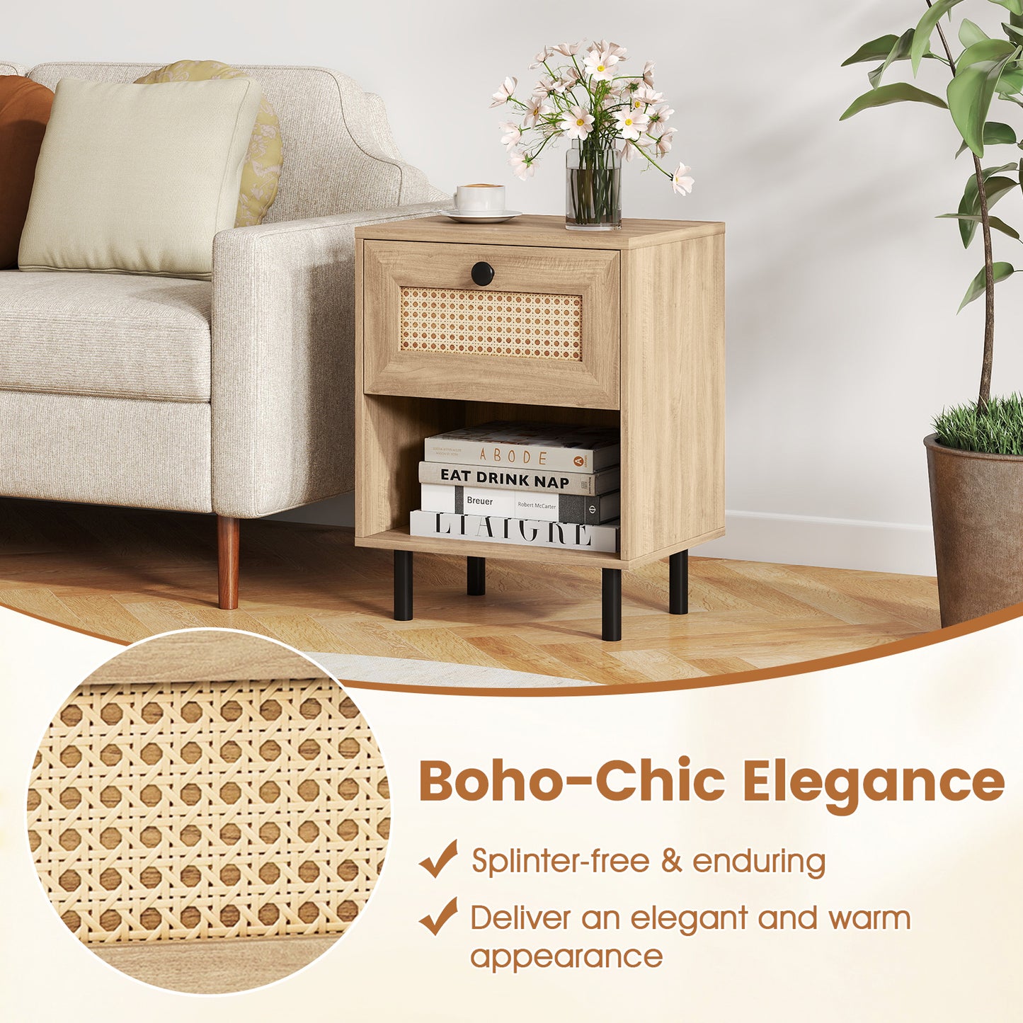 Rattan Nightstand Boho End Table with Rattan Drawer and Open Shelf-Natural