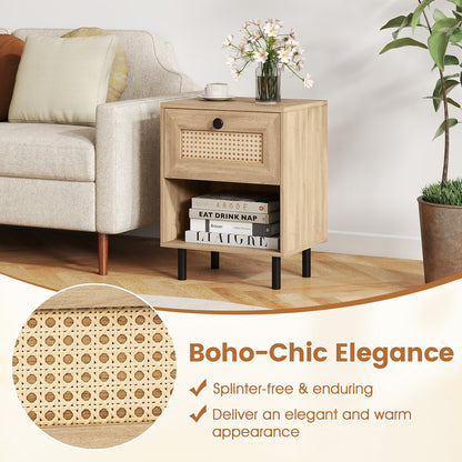 Rattan Nightstand Boho End Table with Rattan Drawer and Open Shelf-Natural
