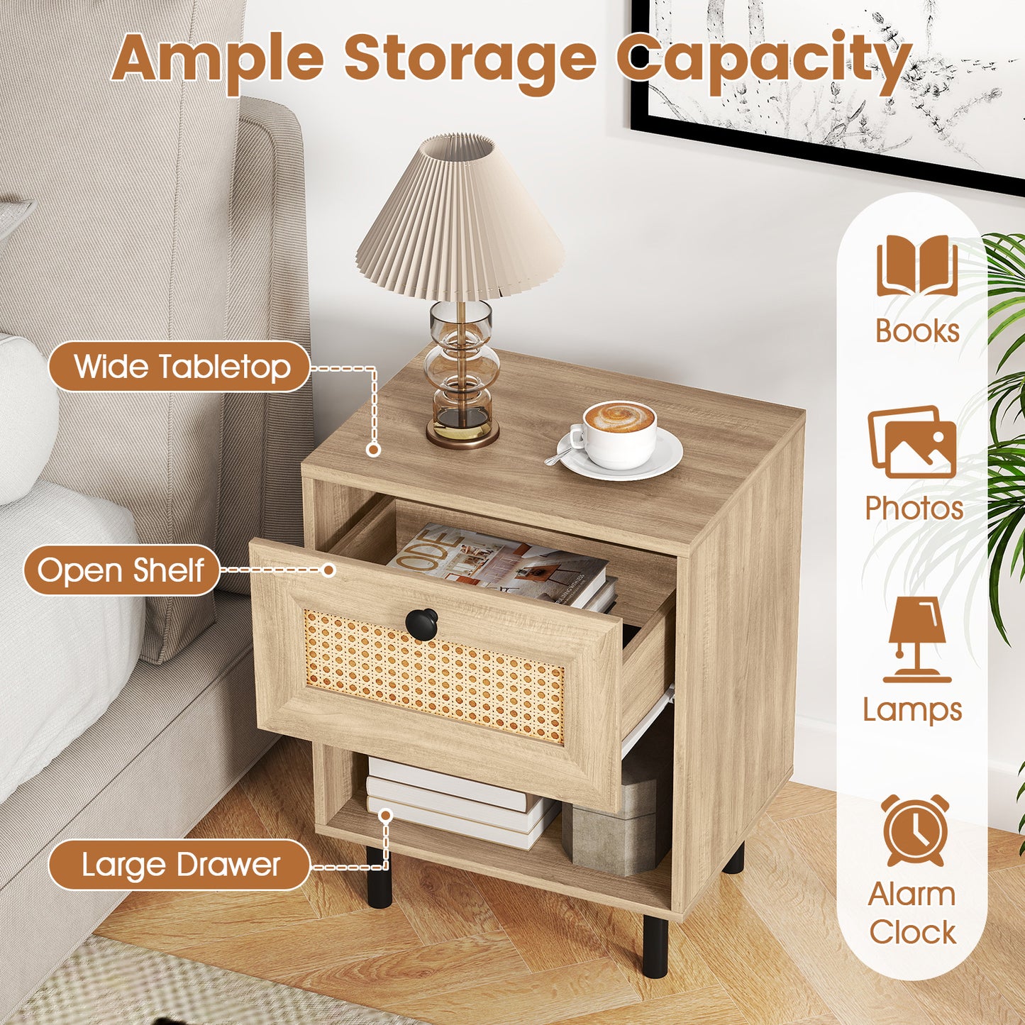 Rattan Nightstand Boho End Table with Rattan Drawer and Open Shelf-Natural