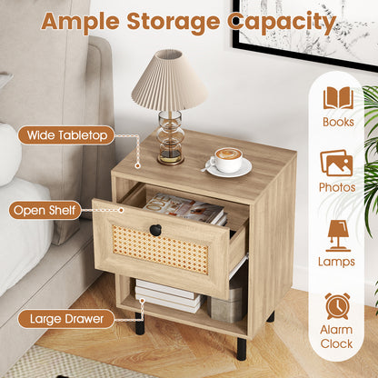 Rattan Nightstand Boho End Table with Rattan Drawer and Open Shelf-Natural