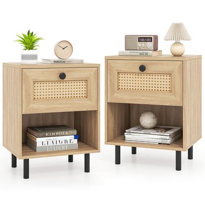 Rattan Nightstand Boho End Table with Rattan Drawer and Open Shelf Set of 2-Natural - Natural