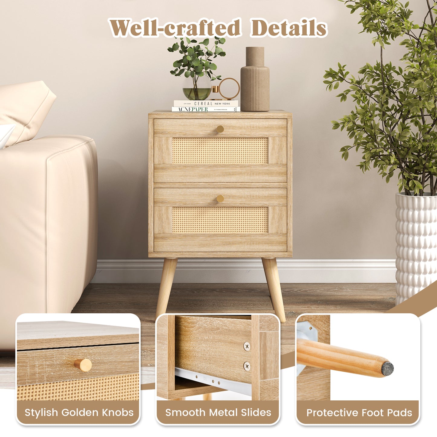Rattan Nightstand Boho Accent Bedside Table with 2 Storage Drawers-Natural