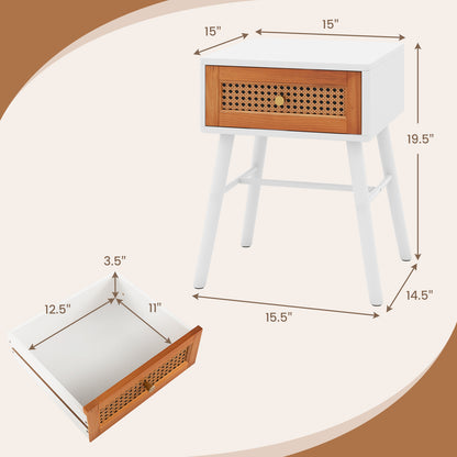 Rattan Nightstand Mid Century Modern Accent Table with Drawer-White