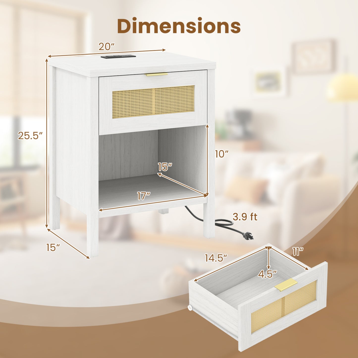 Rattan Nightstand with Charging Station and Storage Shelf for Bedroom