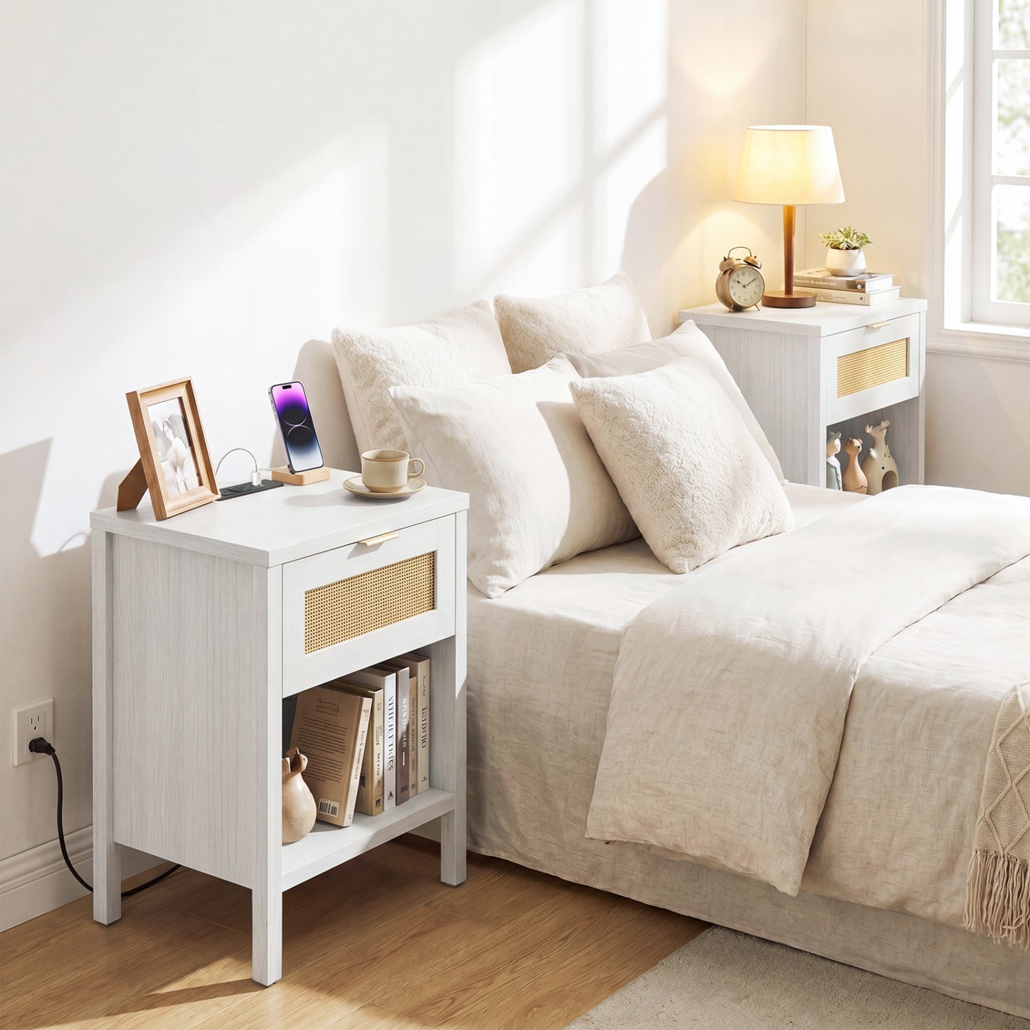 Rattan Nightstand with Charging Station and Storage Shelf for Bedroom