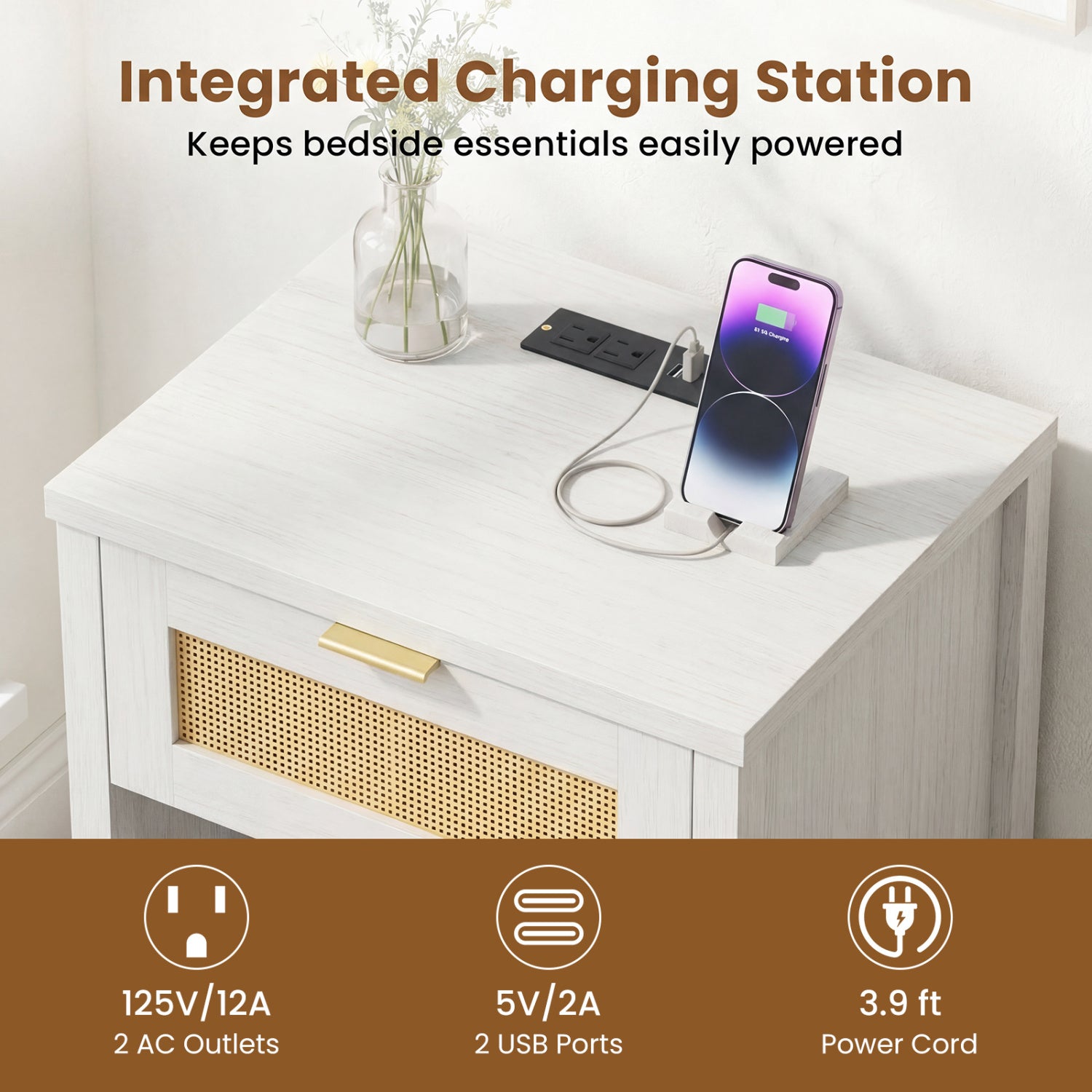 Rattan Nightstand with Charging Station and Storage Shelf for Bedroom