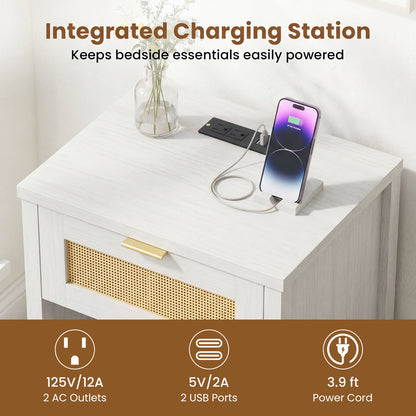 Rattan Nightstand with Charging Station and Storage Shelf for Bedroom
