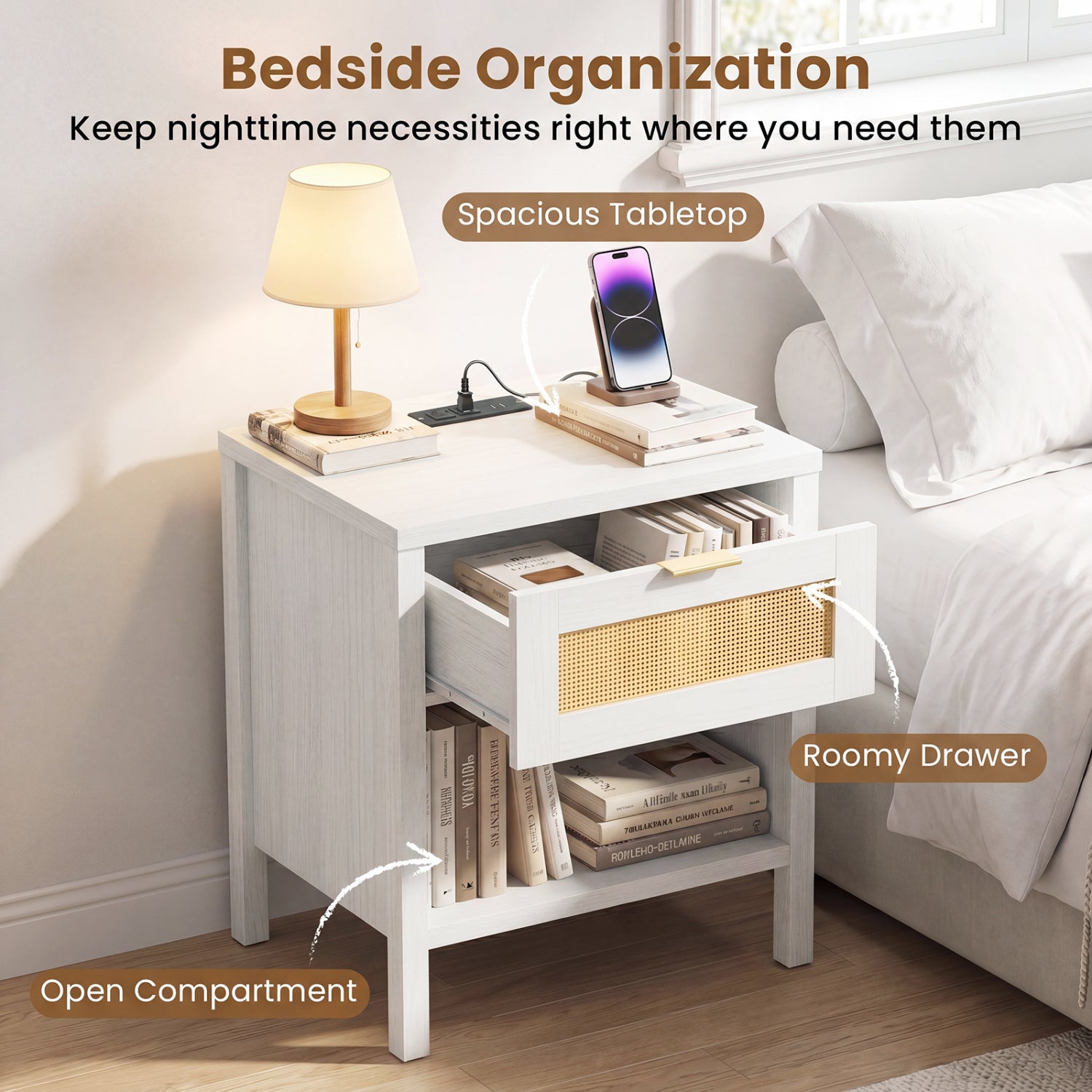 Rattan Nightstand with Charging Station and Storage Shelf for Bedroom