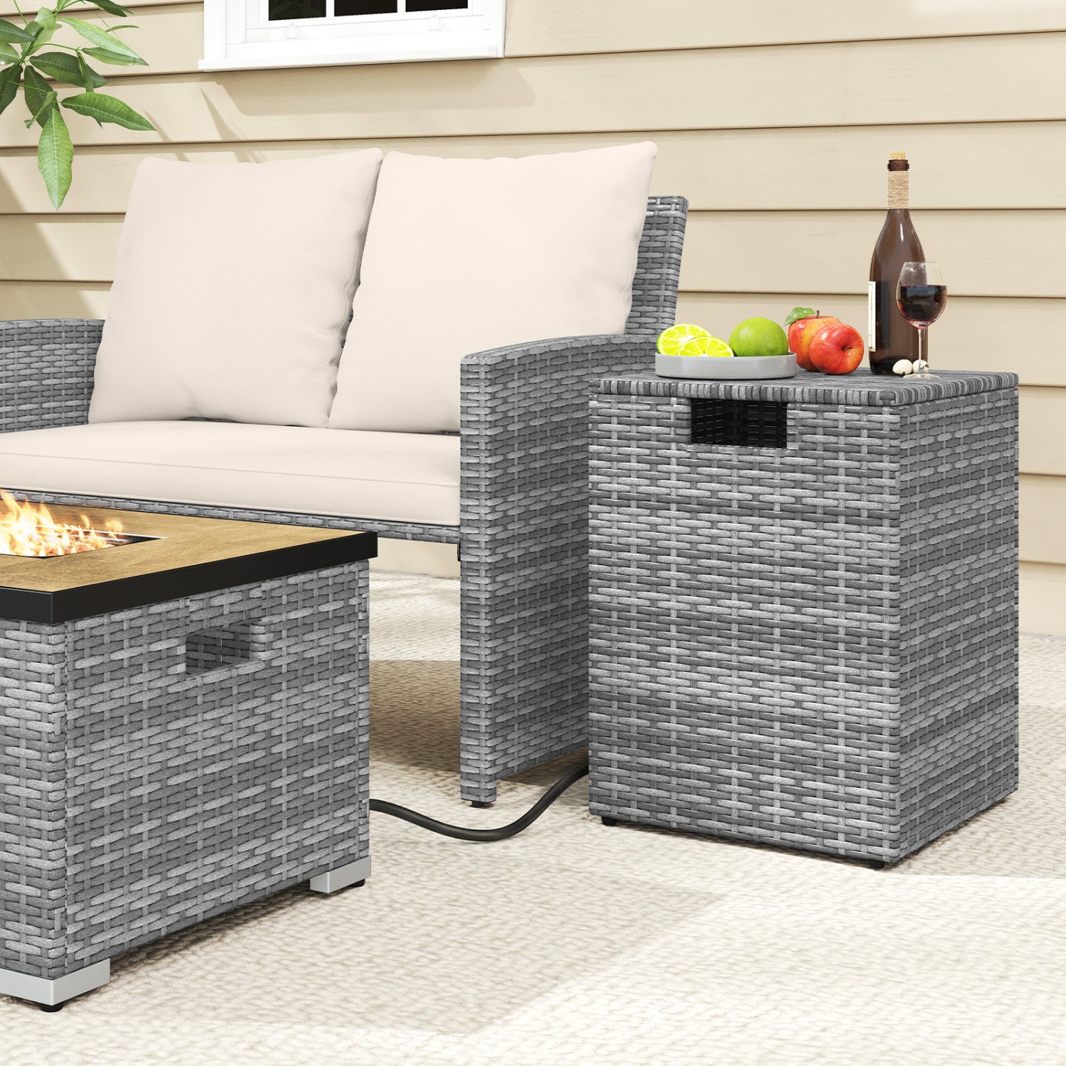 Rattan Propane Tank Cover Patio Hideaway Tank Side Table-Gray