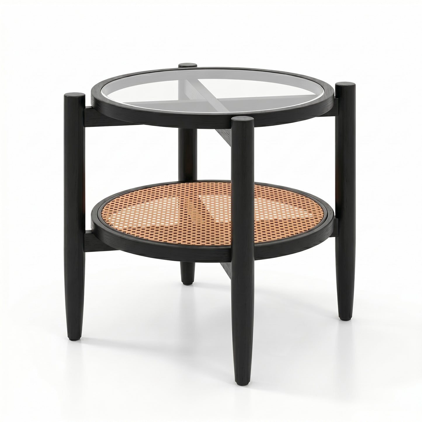 Round Rattan Side Table with Tempered Glass Top