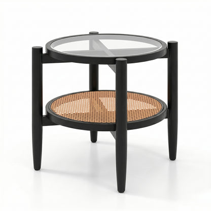 Round Rattan Side Table with Tempered Glass Top