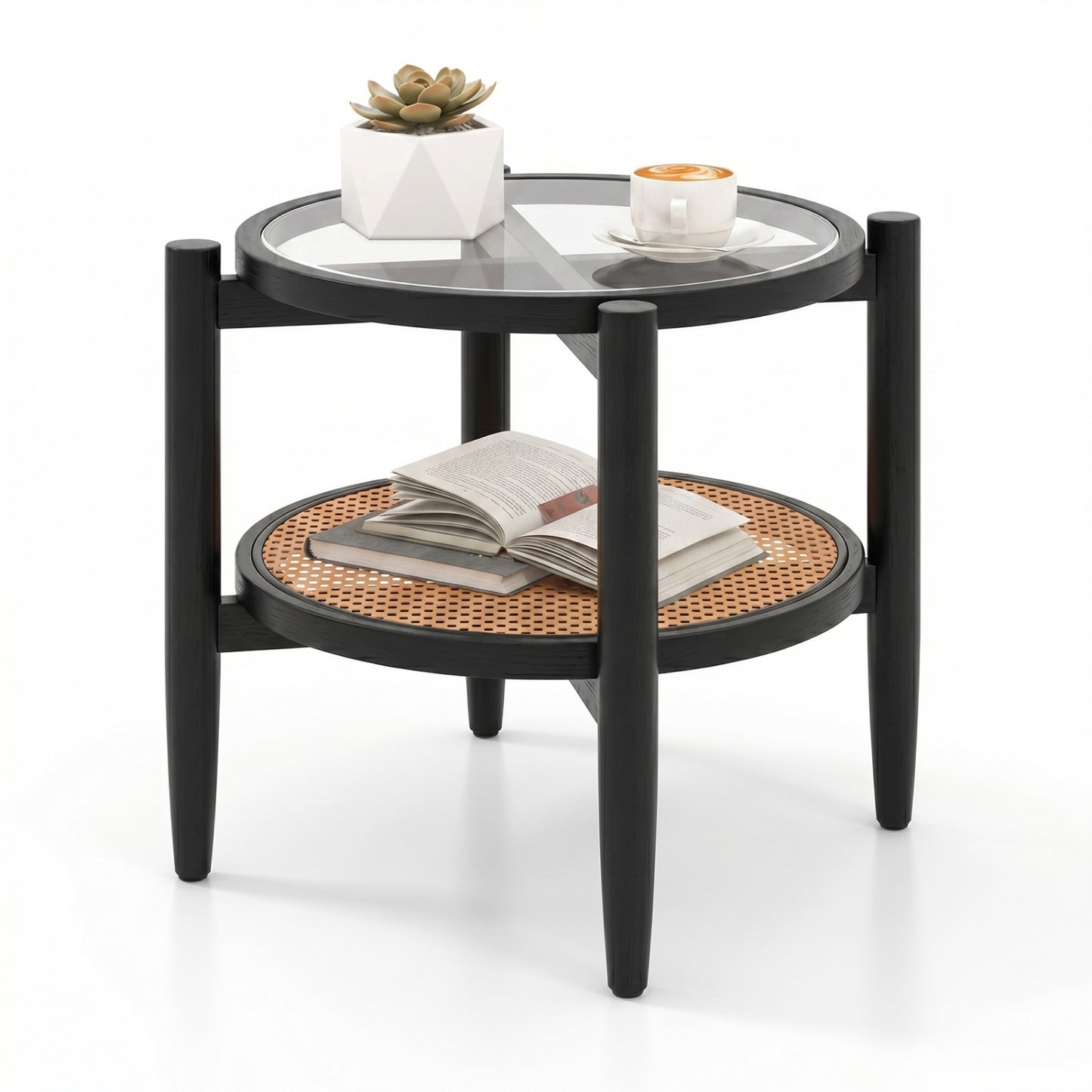 Round Rattan Side Table with Tempered Glass Top