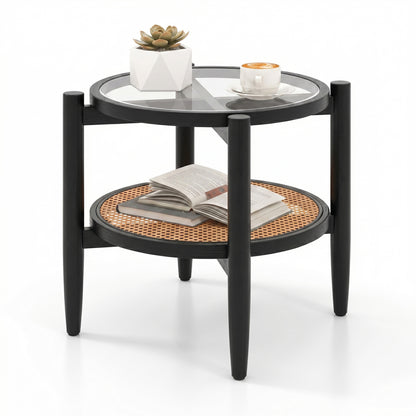 Round Rattan Side Table with Tempered Glass Top