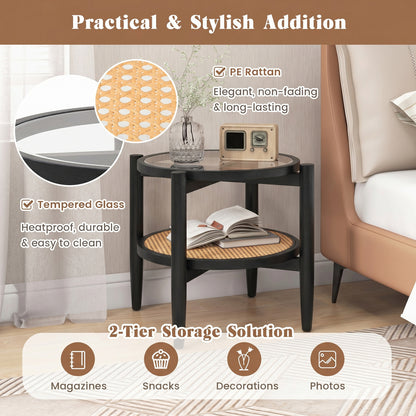 Round Rattan Side Table with Tempered Glass Top