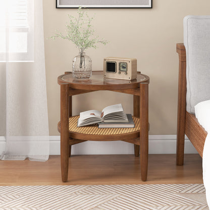Round Rattan Side Table with Tempered Glass Top